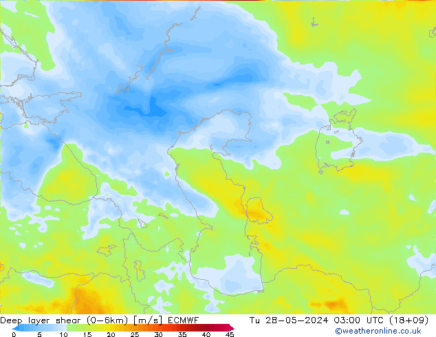 Deep layer shear (0-6km) ECMWF mar 28.05.2024 03 UTC