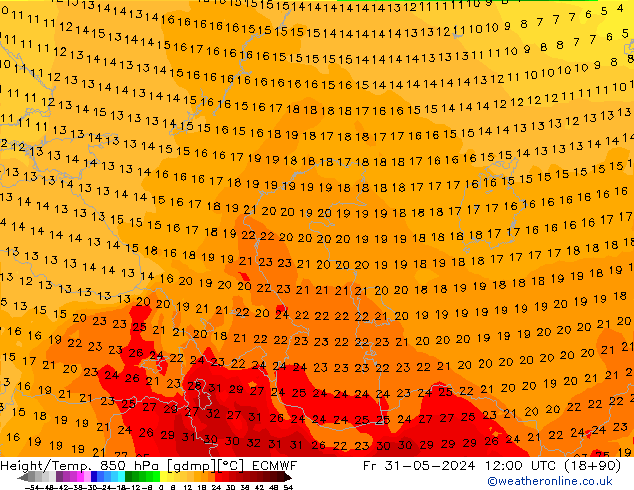 Géop./Temp. 850 hPa ECMWF ven 31.05.2024 12 UTC