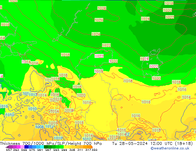 Thck 700-1000 гПа ECMWF вт 28.05.2024 12 UTC