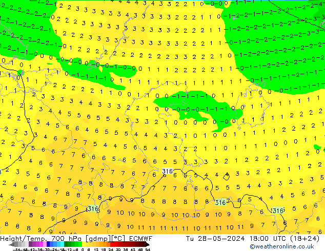 Height/Temp. 700 hPa ECMWF Tu 28.05.2024 18 UTC