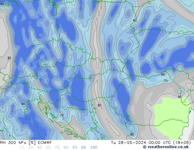 RH 300 hPa ECMWF Út 28.05.2024 00 UTC