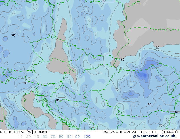 RH 850 hPa ECMWF We 29.05.2024 18 UTC