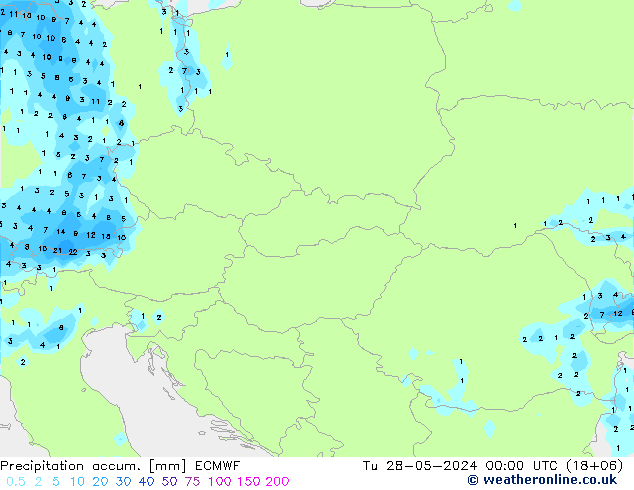 Precipitation accum. ECMWF Út 28.05.2024 00 UTC