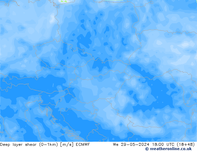 Deep layer shear (0-1km) ECMWF mié 29.05.2024 18 UTC