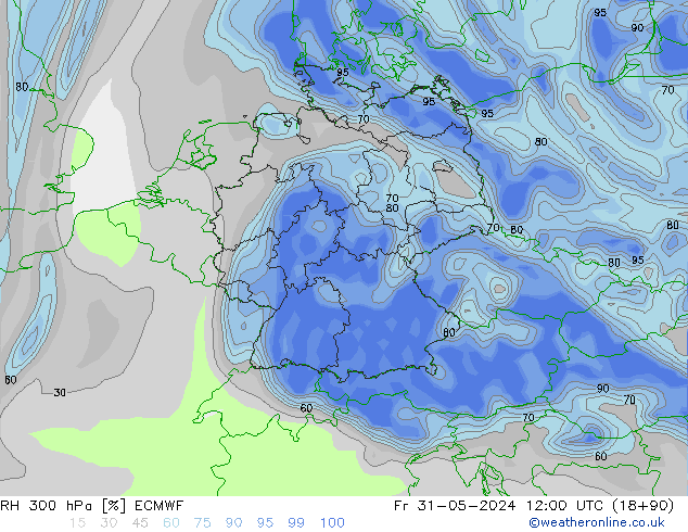 Humedad rel. 300hPa ECMWF vie 31.05.2024 12 UTC