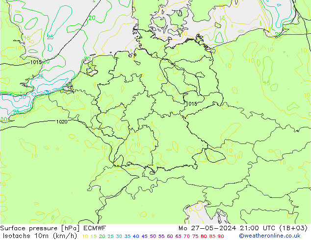 Isotachen (km/h) ECMWF Mo 27.05.2024 21 UTC