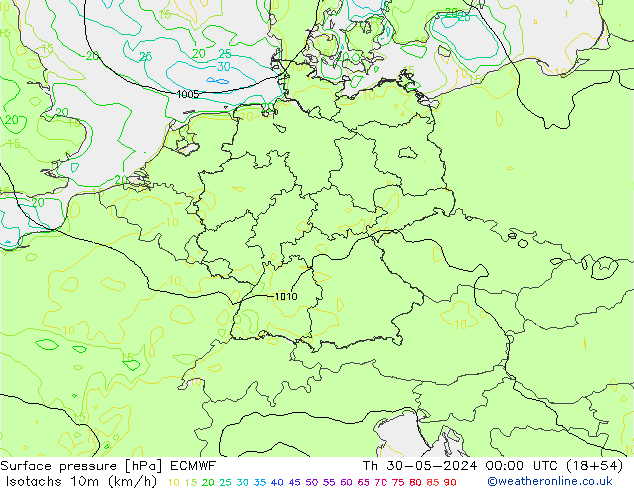 Isotachs (kph) ECMWF чт 30.05.2024 00 UTC