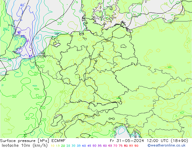 Isotachen (km/h) ECMWF Fr 31.05.2024 12 UTC