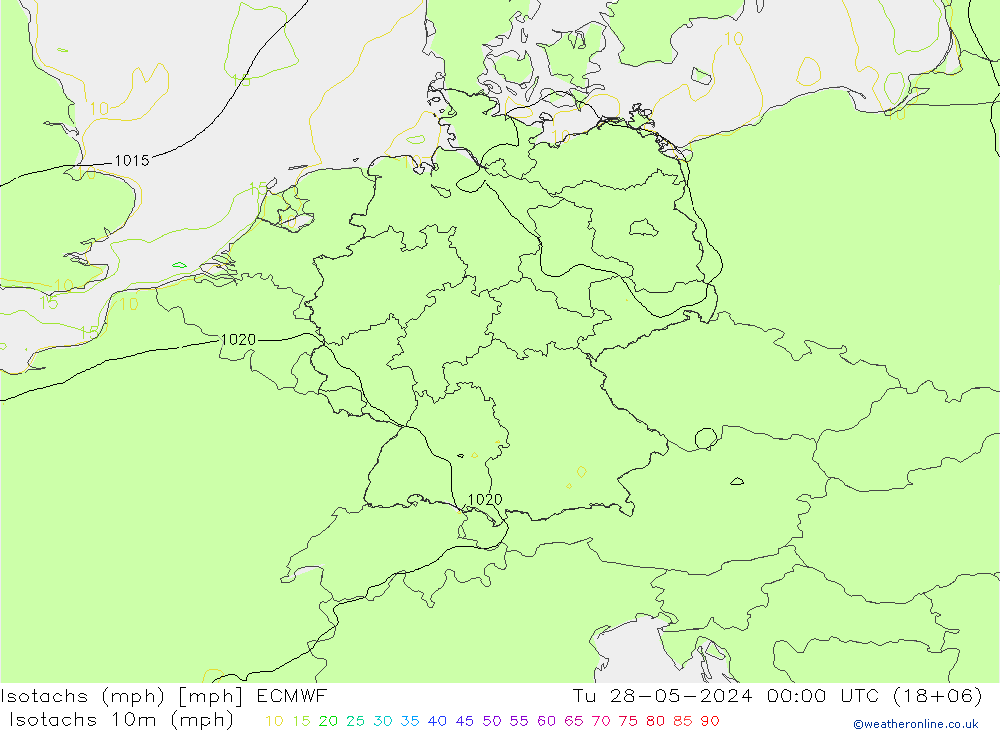 Isotachs (mph) ECMWF Út 28.05.2024 00 UTC