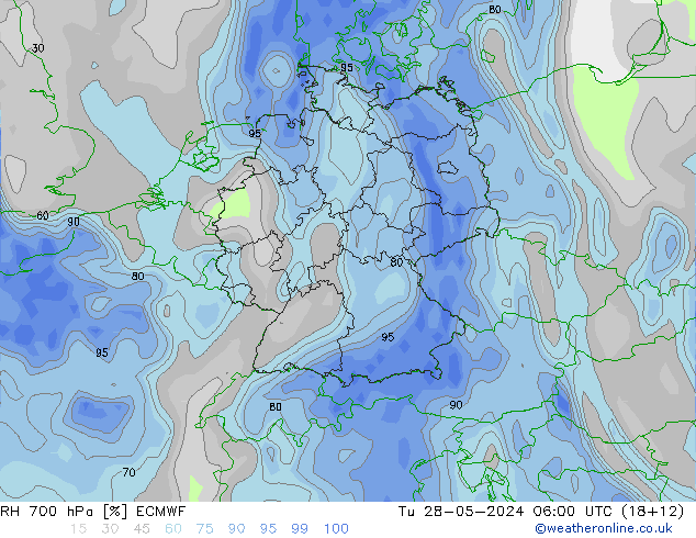 RH 700 hPa ECMWF Út 28.05.2024 06 UTC