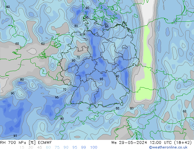 Humidité rel. 700 hPa ECMWF mer 29.05.2024 12 UTC