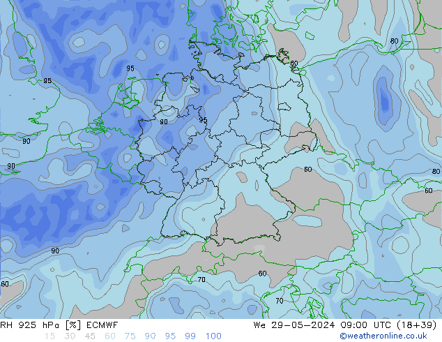 RH 925 hPa ECMWF Qua 29.05.2024 09 UTC