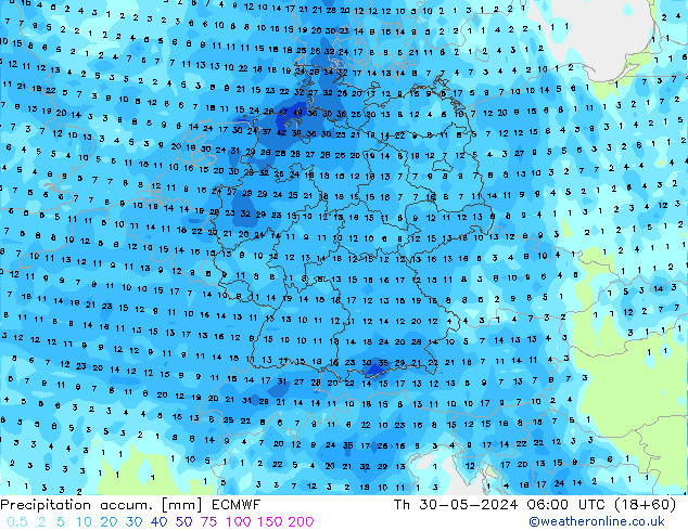 Precipitation accum. ECMWF gio 30.05.2024 06 UTC