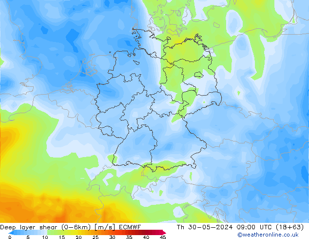 Deep layer shear (0-6km) ECMWF Th 30.05.2024 09 UTC