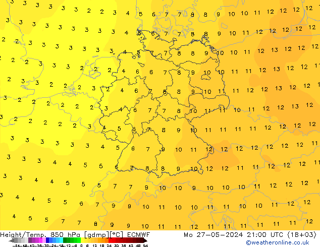 Height/Temp. 850 hPa ECMWF Mo 27.05.2024 21 UTC