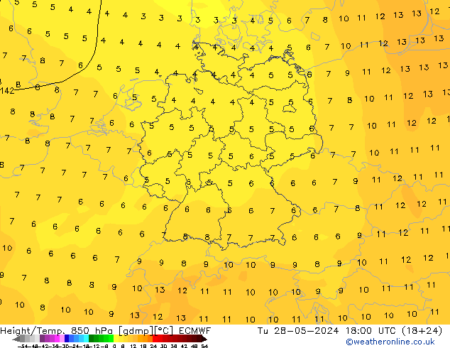 Z500/Rain (+SLP)/Z850 ECMWF wto. 28.05.2024 18 UTC