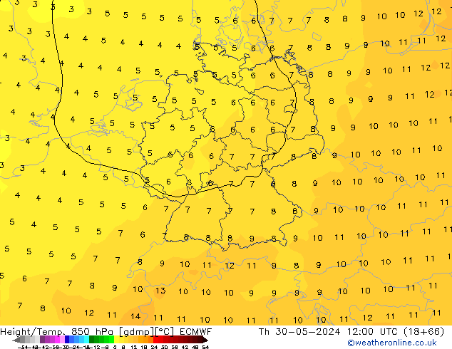 Z500/Rain (+SLP)/Z850 ECMWF Th 30.05.2024 12 UTC