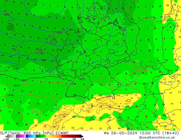 SLP/Temp. 850 hPa ECMWF mer 29.05.2024 12 UTC