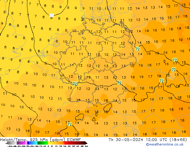 Height/Temp. 925 hPa ECMWF Čt 30.05.2024 12 UTC