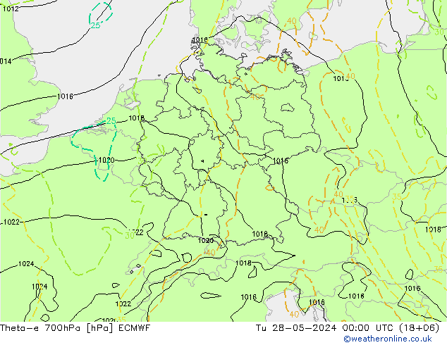 Theta-e 700hPa ECMWF Tu 28.05.2024 00 UTC