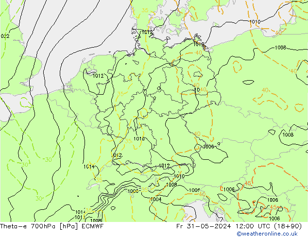 Theta-e 700hPa ECMWF Fr 31.05.2024 12 UTC