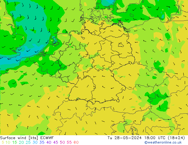 Surface wind ECMWF Tu 28.05.2024 18 UTC