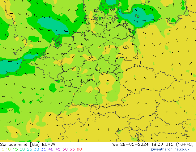 Surface wind ECMWF We 29.05.2024 18 UTC