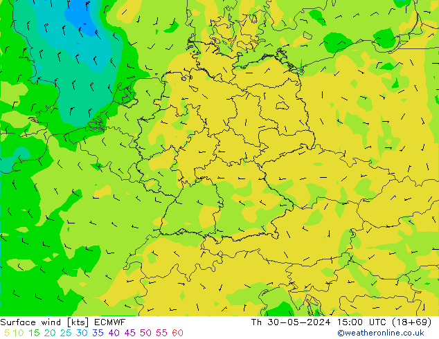 Surface wind ECMWF Čt 30.05.2024 15 UTC