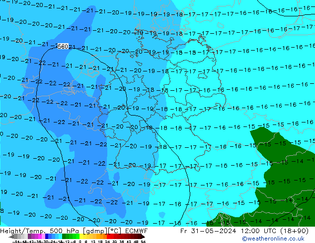 Height/Temp. 500 hPa ECMWF pt. 31.05.2024 12 UTC