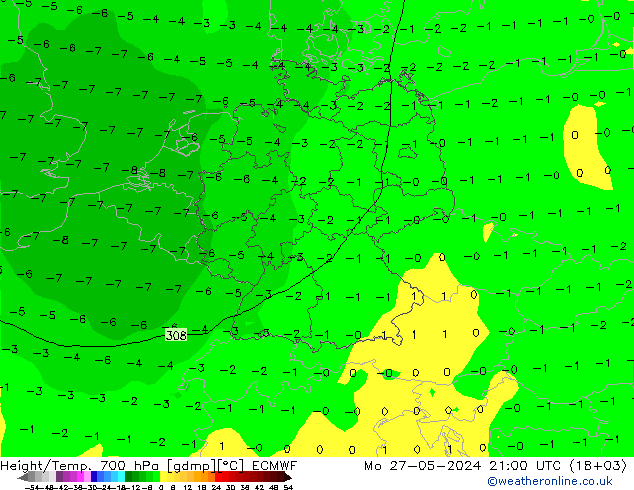 Geop./Temp. 700 hPa ECMWF lun 27.05.2024 21 UTC