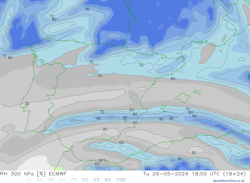 RH 300 hPa ECMWF Tu 28.05.2024 18 UTC