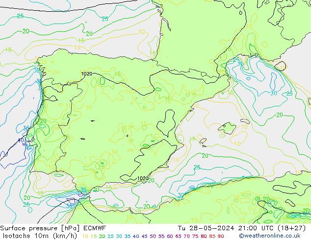 Izotacha (km/godz) ECMWF wto. 28.05.2024 21 UTC