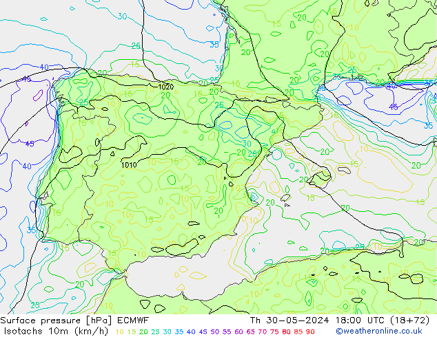 Isotachs (kph) ECMWF Th 30.05.2024 18 UTC