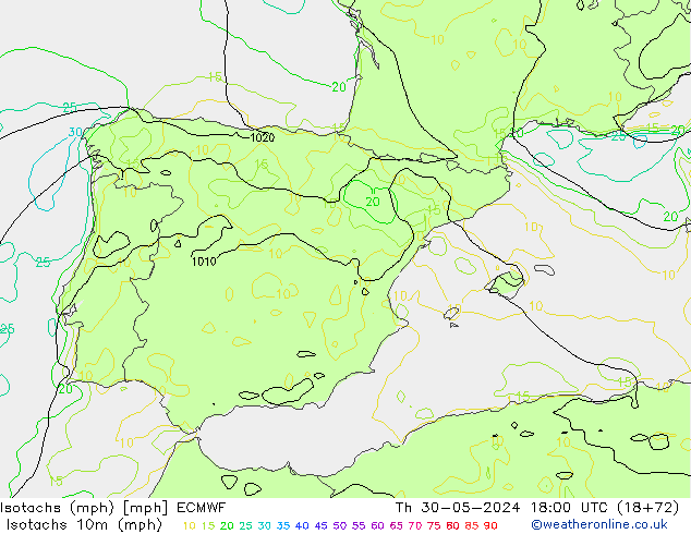 Isotachen (mph) ECMWF do 30.05.2024 18 UTC