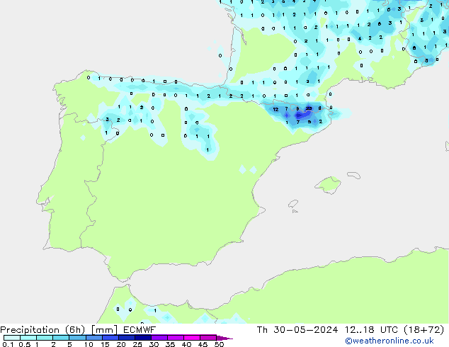 Precipitation (6h) ECMWF Th 30.05.2024 18 UTC