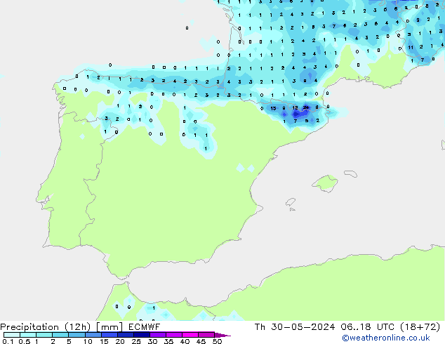 Precipitation (12h) ECMWF Čt 30.05.2024 18 UTC