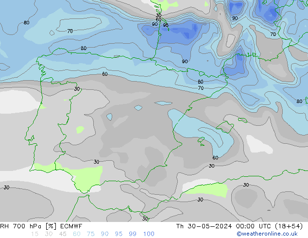 RH 700 hPa ECMWF czw. 30.05.2024 00 UTC