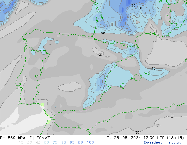 RH 850 hPa ECMWF Tu 28.05.2024 12 UTC