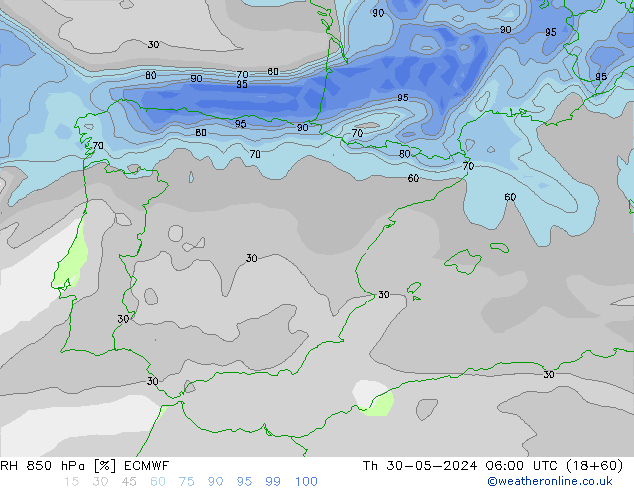 RH 850 hPa ECMWF Qui 30.05.2024 06 UTC