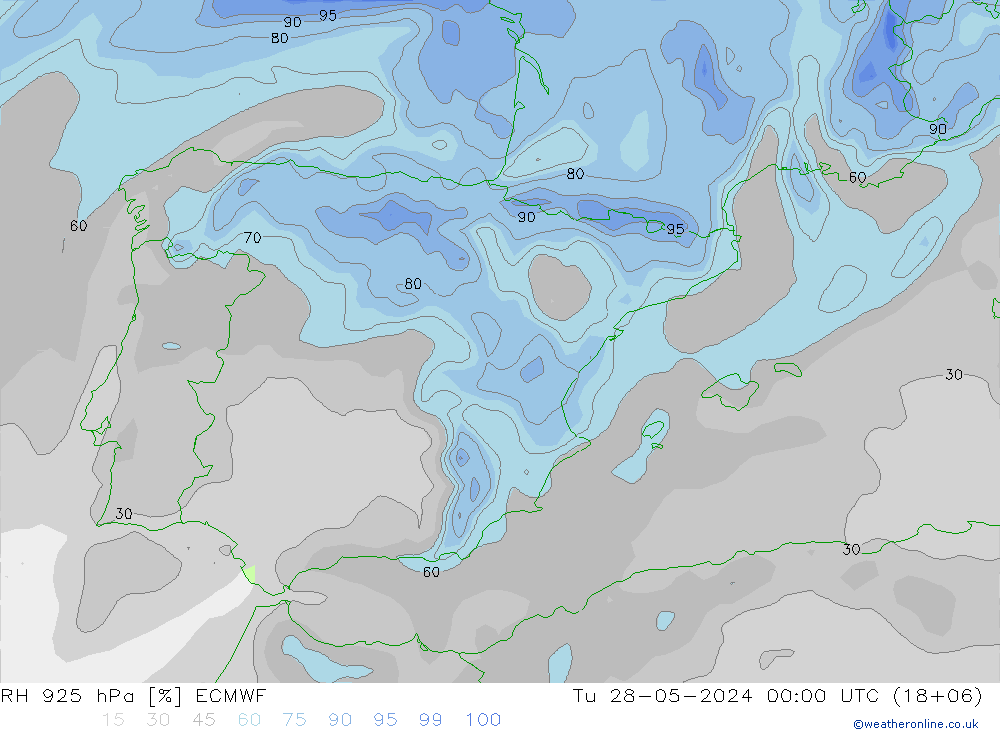 RH 925 hPa ECMWF mar 28.05.2024 00 UTC