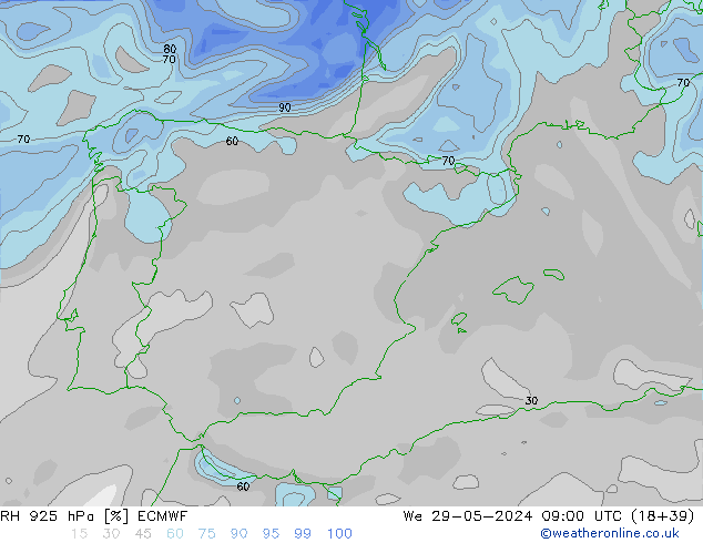 Humedad rel. 925hPa ECMWF mié 29.05.2024 09 UTC