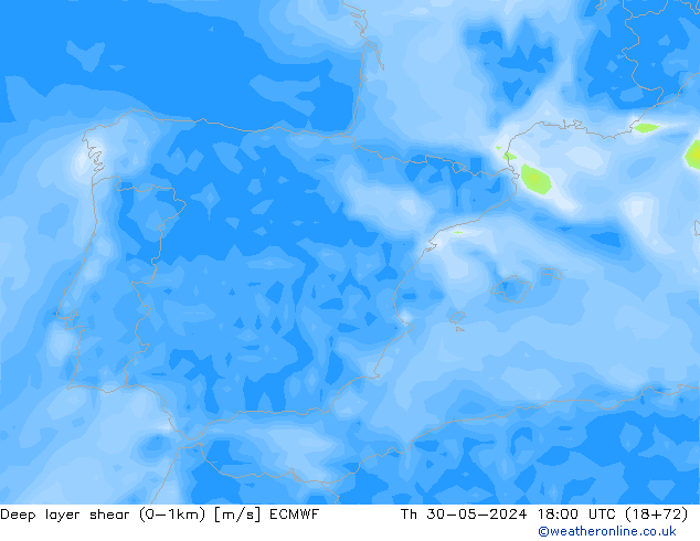 Deep layer shear (0-1km) ECMWF Th 30.05.2024 18 UTC