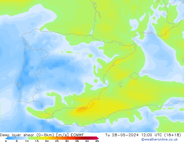 Deep layer shear (0-6km) ECMWF  28.05.2024 12 UTC