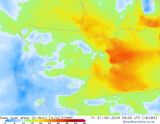 Deep layer shear (0-6km) ECMWF vie 31.05.2024 06 UTC