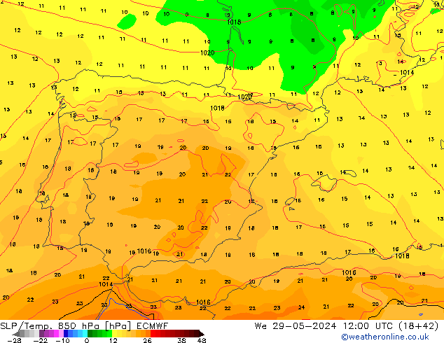 SLP/Temp. 850 hPa ECMWF We 29.05.2024 12 UTC