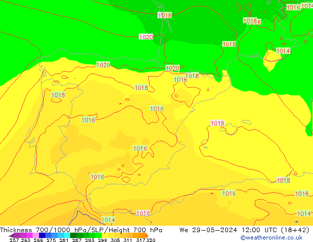 Thck 700-1000 hPa ECMWF Qua 29.05.2024 12 UTC