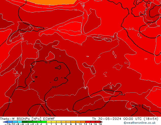 Theta-W 850гПа ECMWF чт 30.05.2024 00 UTC