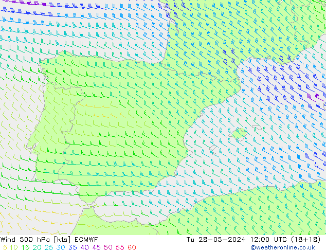 Wind 500 hPa ECMWF Út 28.05.2024 12 UTC