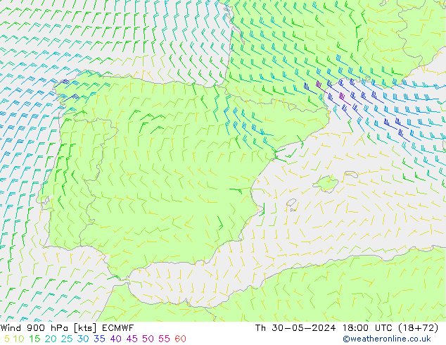 Vento 900 hPa ECMWF gio 30.05.2024 18 UTC