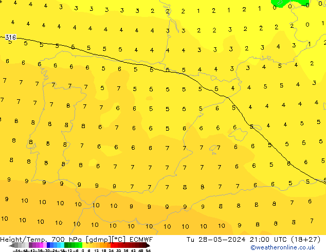 Hoogte/Temp. 700 hPa ECMWF di 28.05.2024 21 UTC